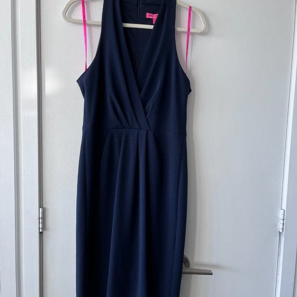 Betsy Johnson V-Neck Front Pleated Navy Dress NWT - Picture 3 of 7
